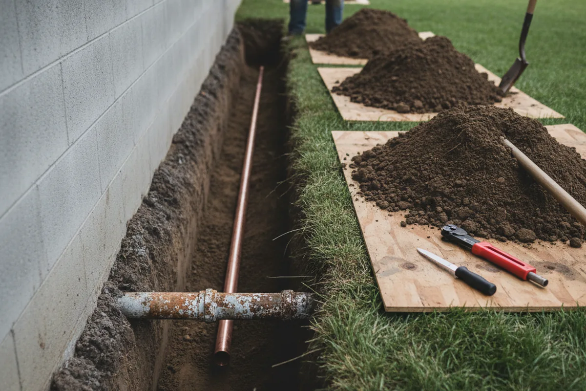 Excavated water line trench during Sewer Line Repair in Sherrills Ford